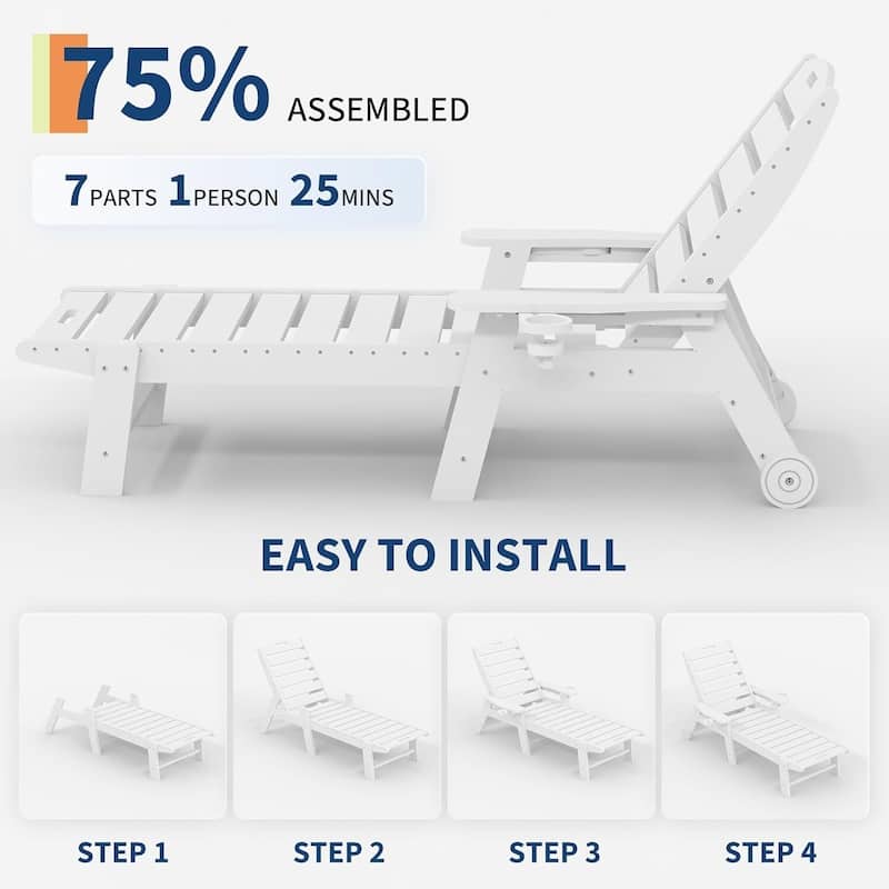 HDPE 5-Position Patio Lounge Chair for Outside with Rolling Wheels
