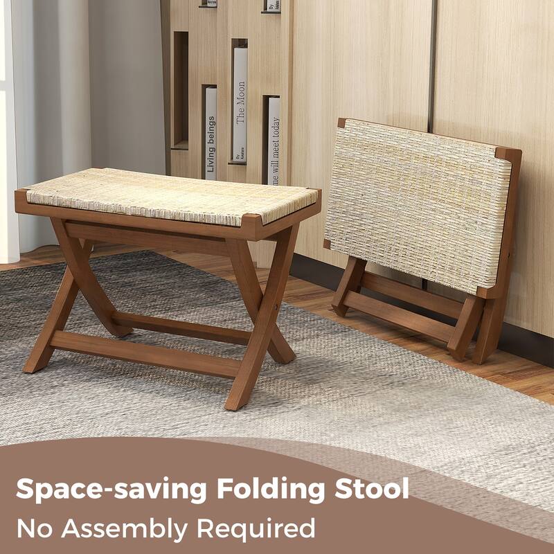 Gymax 2PCS Folding Natural Rattan Ottoman w/Hand-woven Seat & X-shaped