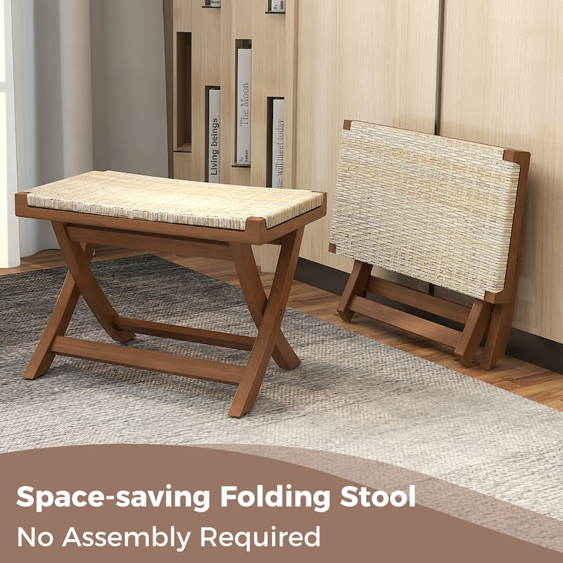 Gymax Folding Natural Rattan Ottoman w/ Hand-woven Seat & X-shaped