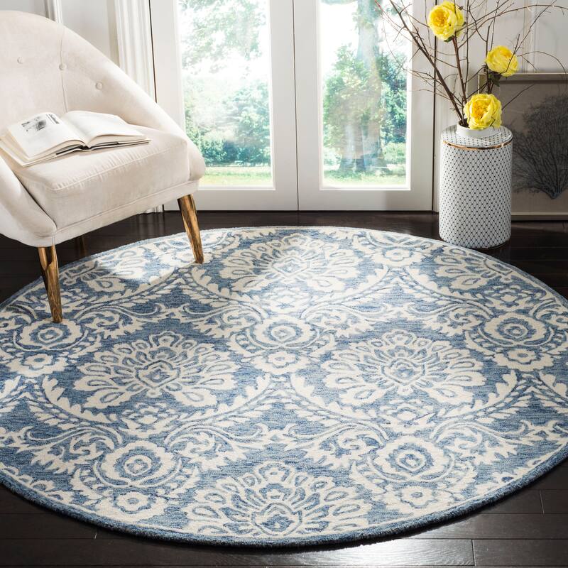 SAFAVIEH Handmade Blossom Esta Modern Floral Wool Rug - 4' Round - Blue/Ivory