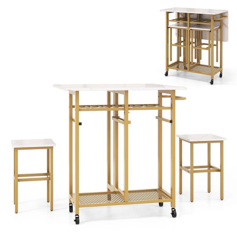 Costway 3 PCS Rolling Dining Table Set Extendable Kitchen Table 2 - White