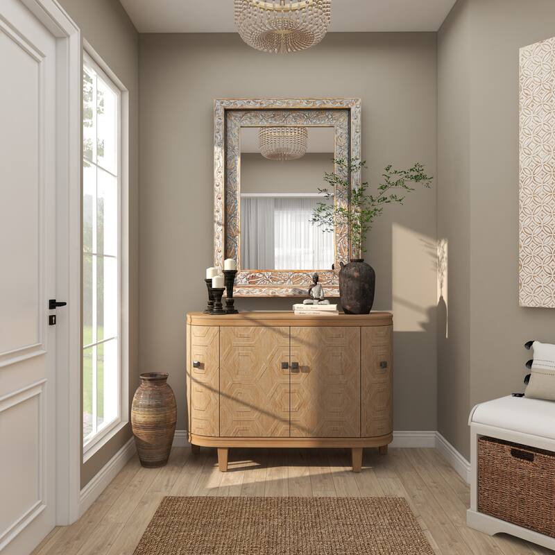 Gray Wood Handmade Intricately Carved Floral Room Wall Mirror