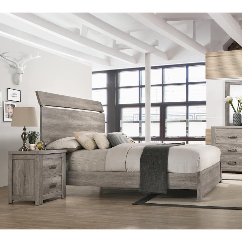Roundhill Furniture Floren Contemporary Weathered Gray Wood 3-Piece Bedroom Set, Panel Bed with 2 Nightstands