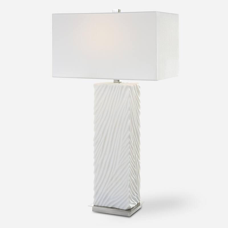 Carved Base Table Lamp with Rectangular Drum Shade - 32" - Cream