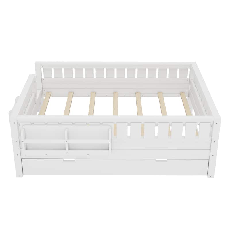 Roomfitters Floor Bed with Bookshelf and Trundle, Low Profile Frame with Step Entry