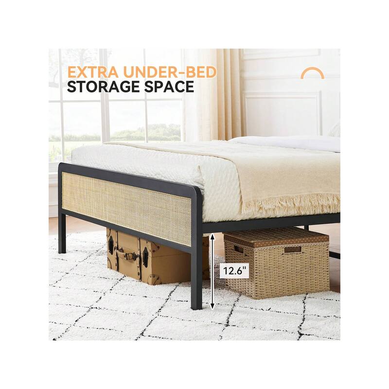 Boho Platform Bed Frame with Rattan Headboard, Heavy-Duty Metal Slat Support