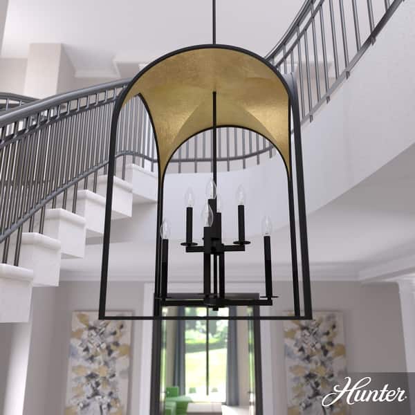 slide 2 of 6, Hunter 22" Dukestown 8-Light Pendant - Entry/ Foyer - Contemporary, Candle, Transitional, Caged Natural Iron-Gold Leaf