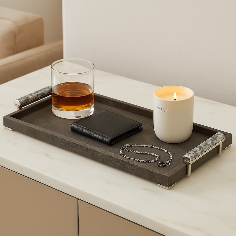 Wood Metal Modern Serving Tray with Handles Home Decor - Gray, 22" - 22.0"