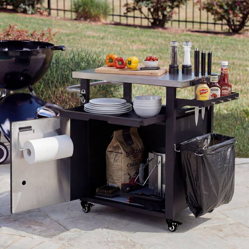 39.5" Outdoor Grill Cart with Stainless Steel Top, Storage & Spice Rack - Black