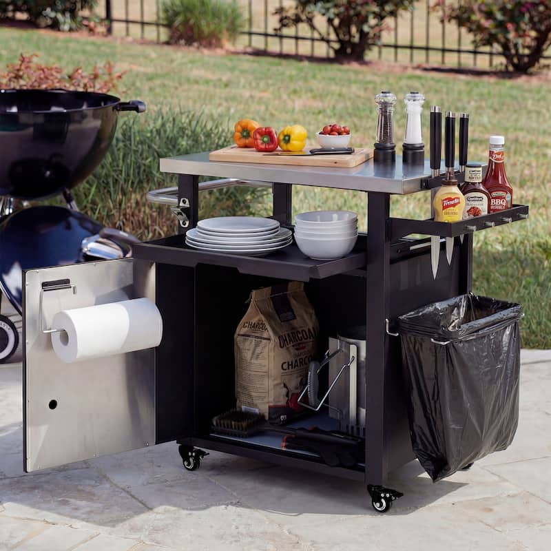 39.5"Outdoor Grill Cart with Storage Cabinet,Bar Cart Pizza Oven Table with Wheels,Stainless Steel Top,with Spice & Paper Rack