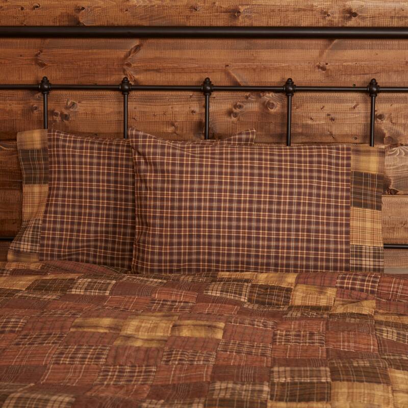 Brown Rustic Bedding VHC Prescott Block Border Pillow Case Set of 2 Cotton Plaid Patchwork - Standard