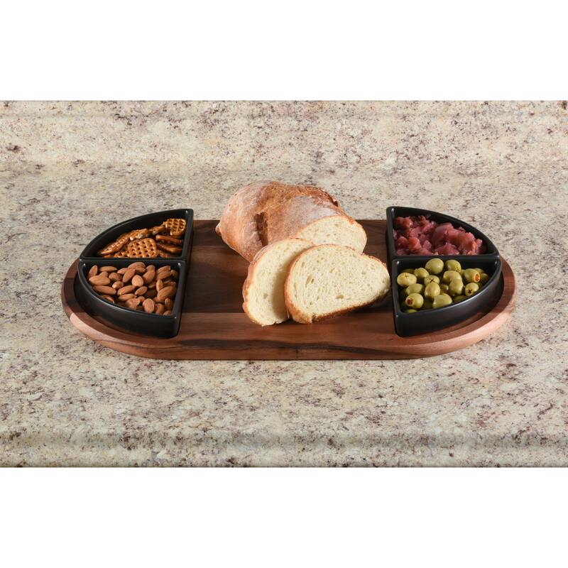 Charcuterie/ Serving Tray w/ 4 black triangular ceramic bowls ]