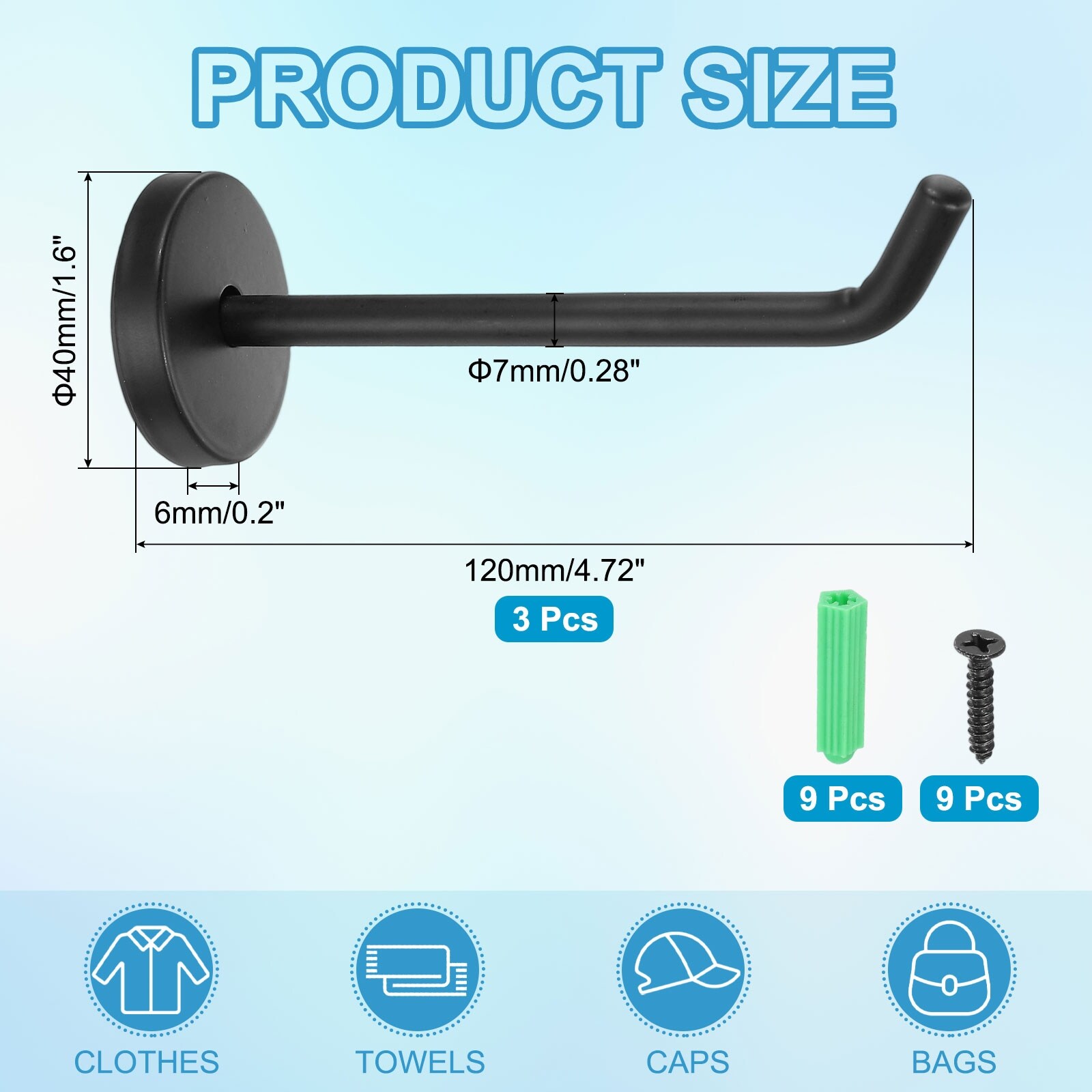 3Pcs Stainless Steel Coat Hooks, 2x0.3" Elephant Nose Hooks, Silver