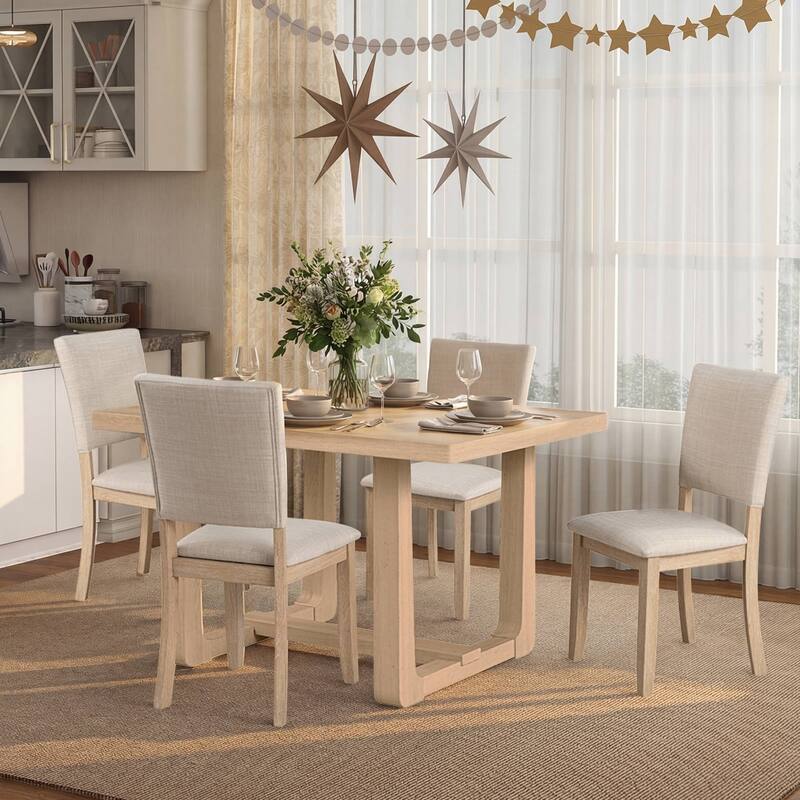 Rossetta 5-Piece Wood Transitional Farmhouse Style Dining Table Set with U-Shaped Trestle Base Table, 4 Upholstered Side Chairs