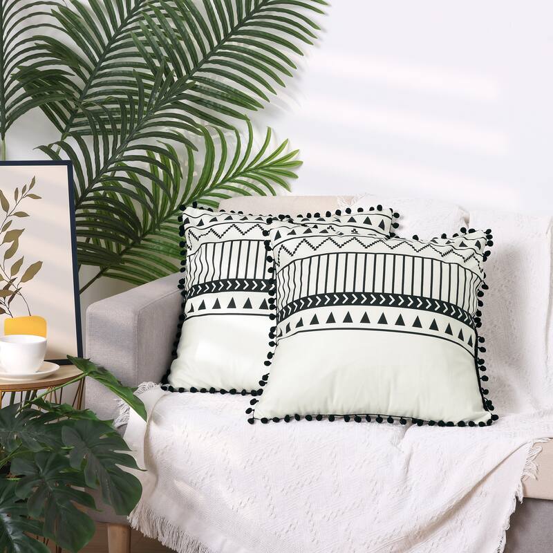 2Pcs Pompoms Throw Pillow Covers w Geometric Line Pattern Pillow Cases