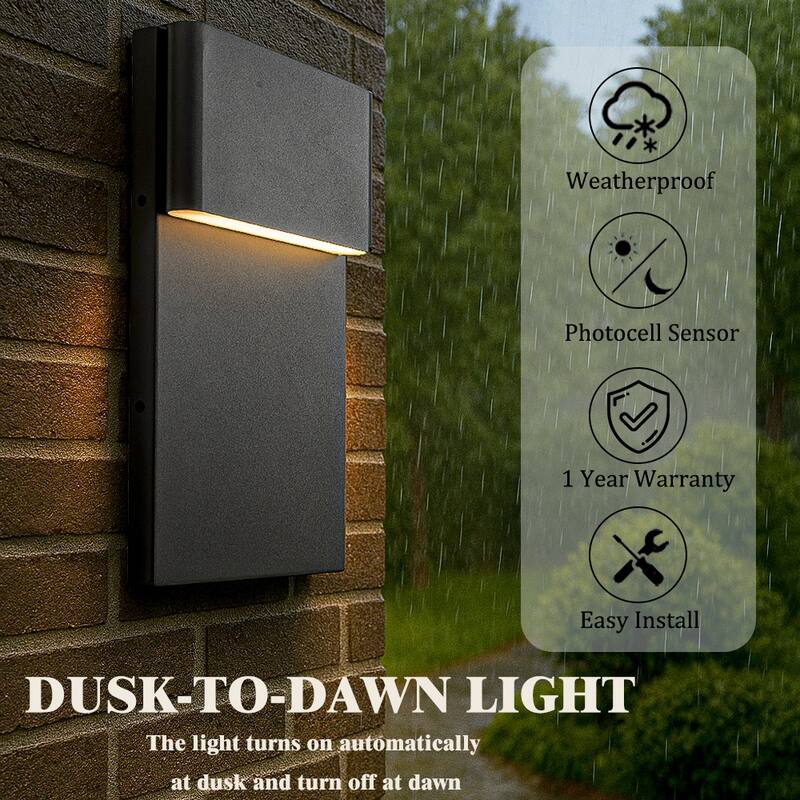 1-Light H13/15 in Modern Simple Sqaure 10W/13W Integrated LED Outdoor Wall Sconce with Dusk to Dawn Sensor in Matte Black