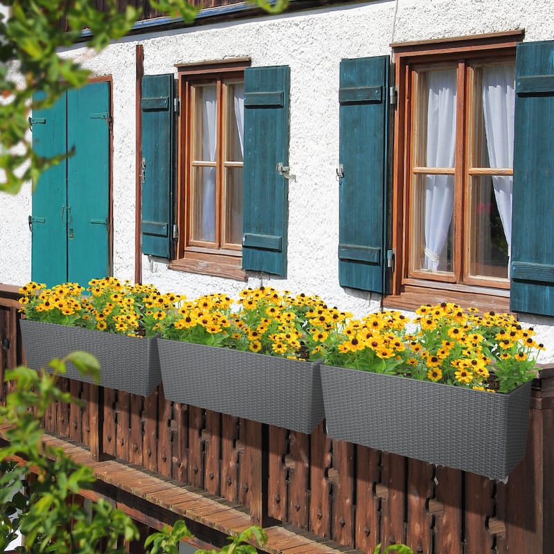 Aoodor 4Pcs 19.5" Rectangular Window/Railing Planter Box, Self Watering Planter for Balcony Porch Fence Patio - 19.5''×7.2''