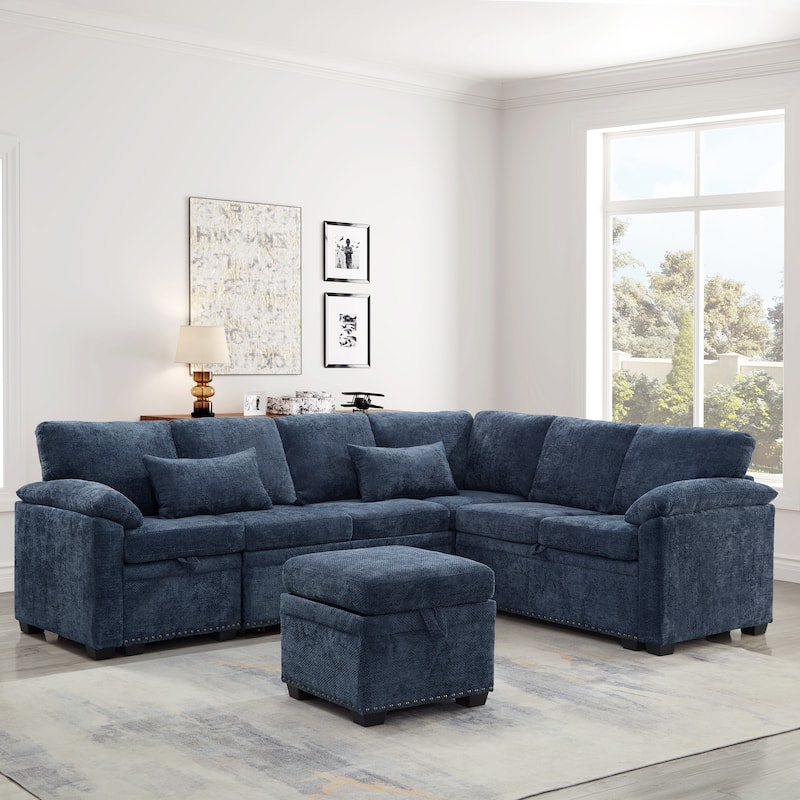 Corner Sectional Sofa with Pull Out Chaise Lounge and Pillow Top Arms, Chenille Sleeper Couch with Storage Seat and Ottoman