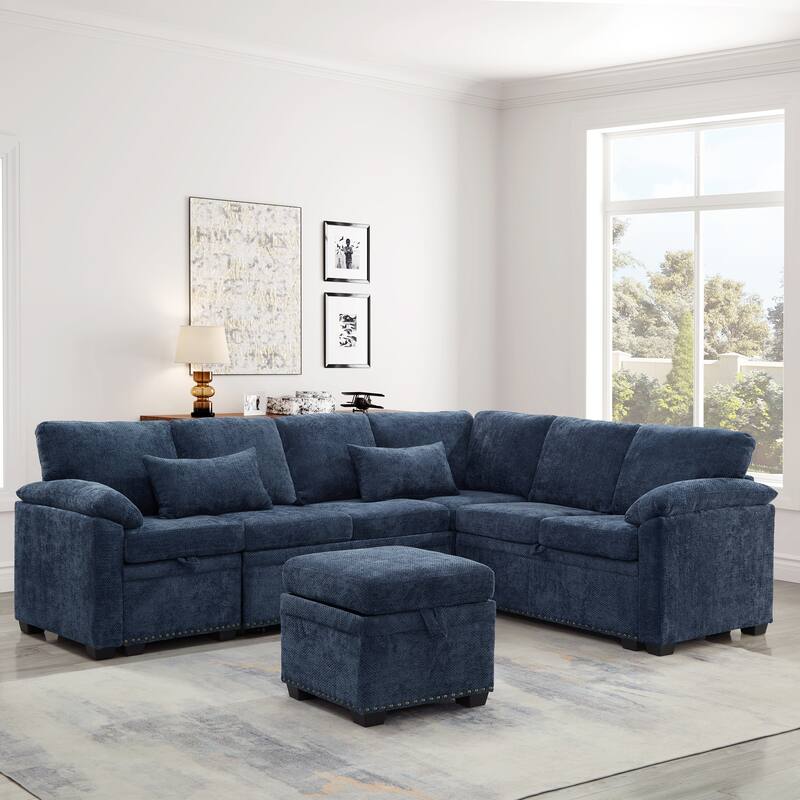 L-Shaped Corner Sectional Sofa with Seat and Storage Ottoman, Chenille Sofa Bed with 2 Pillows for Living Room Sleeper Couch