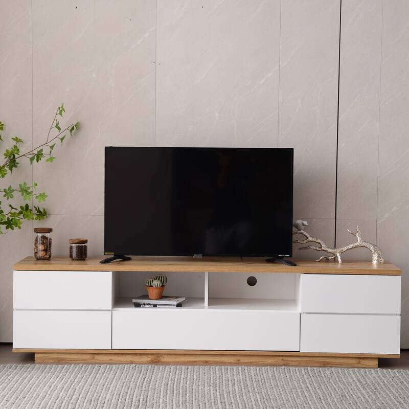Modern Multimedia TV Stand with 5 Drawers and 2 Open Storage Shelf for Living Room and Home Theater​ - Beige