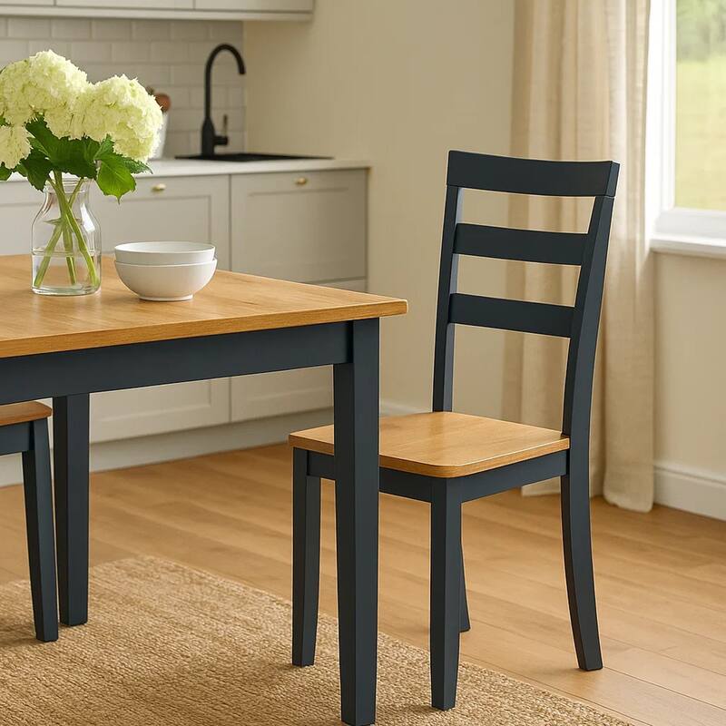 Gasy Dining Side Chair Set of 2, Dark Blue Solid Wood Brown Mango Seat