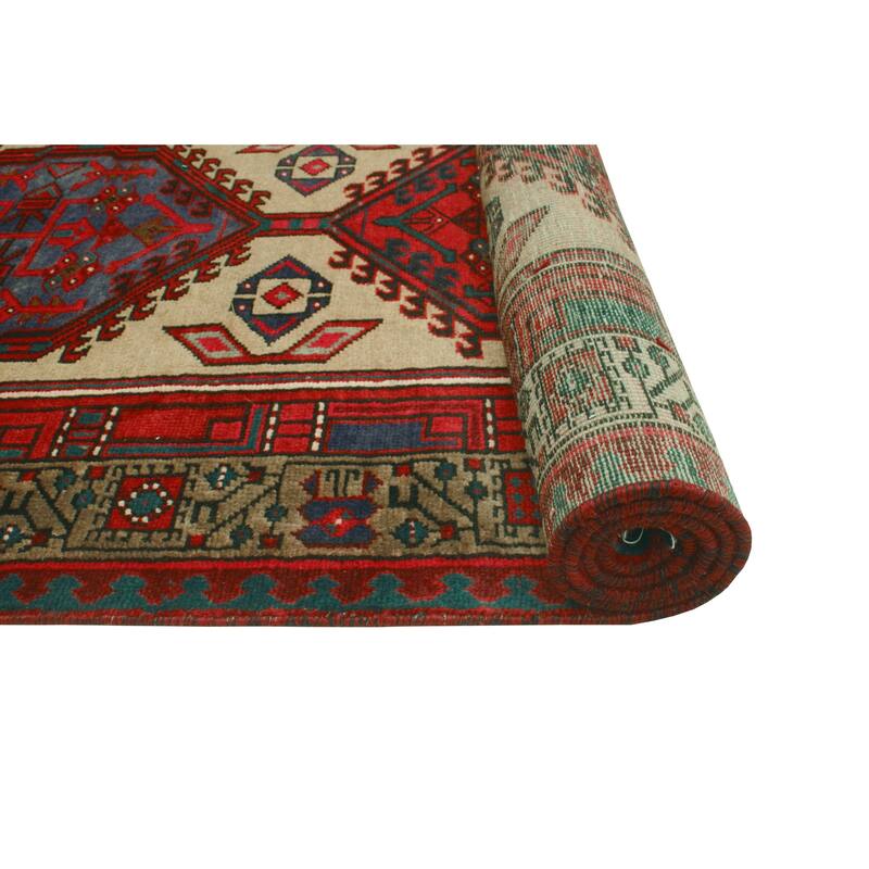 Fine Vintage Distressed Bushra Beige/Red Runner - 3'5" x 11'2"