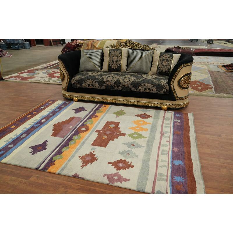 Vegetable Dye Geometric Gabbeh Turkish Area Rug Handmade Wool Carpet - 8' 9'' X 6' 0''