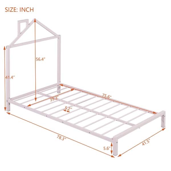 dimension image slide 4 of 6, Metal Platform Bed for Kids, Low Bed Frame with House Shaped Headboard & Slats Support, No Spring Box Need, Easy to Assembly