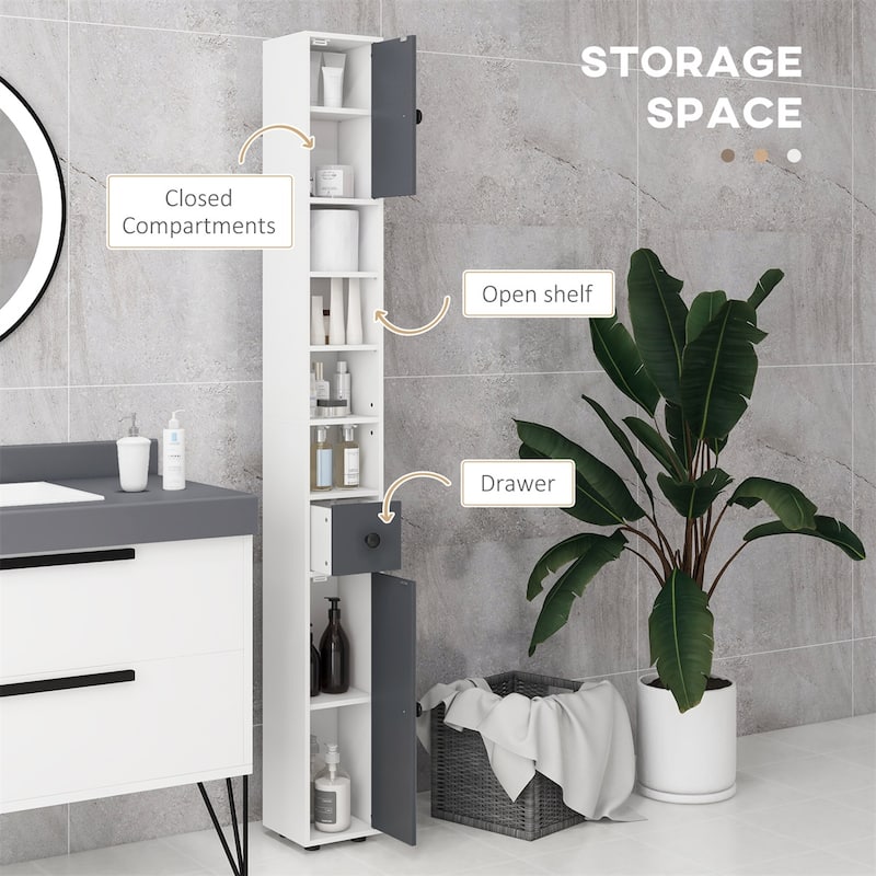 Grey Particle Board Bathroom Cabinet with Shelves, Drawers and Anti-Tip - 7.75" W x 7.75" D x 70.75" H