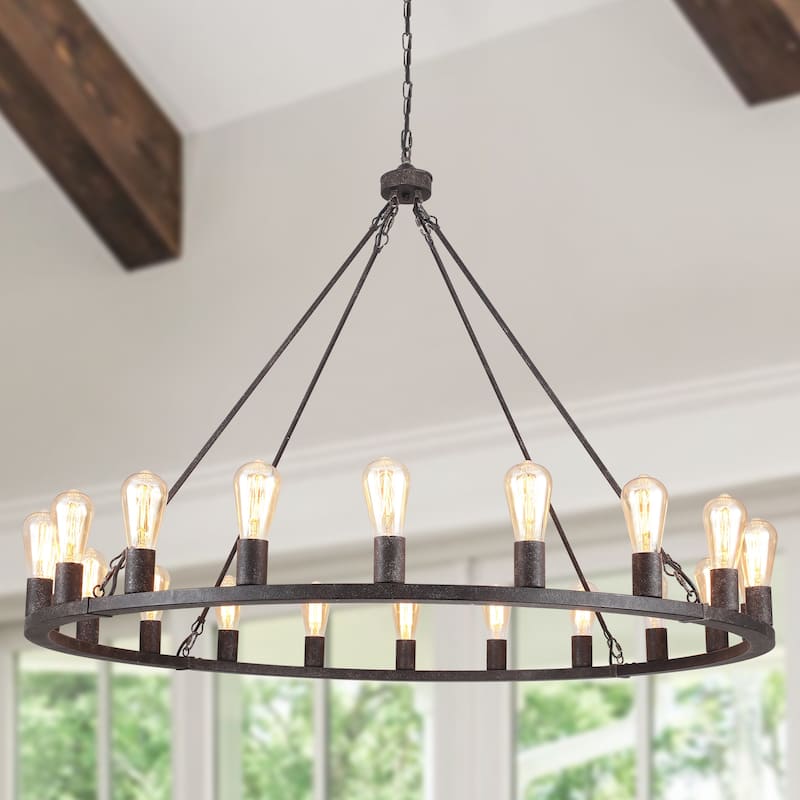 20 - Light Farmhouse Metal Round Industrial Chandelier for Dining Room Entryway Kitchen Island - N/A - Antique Black