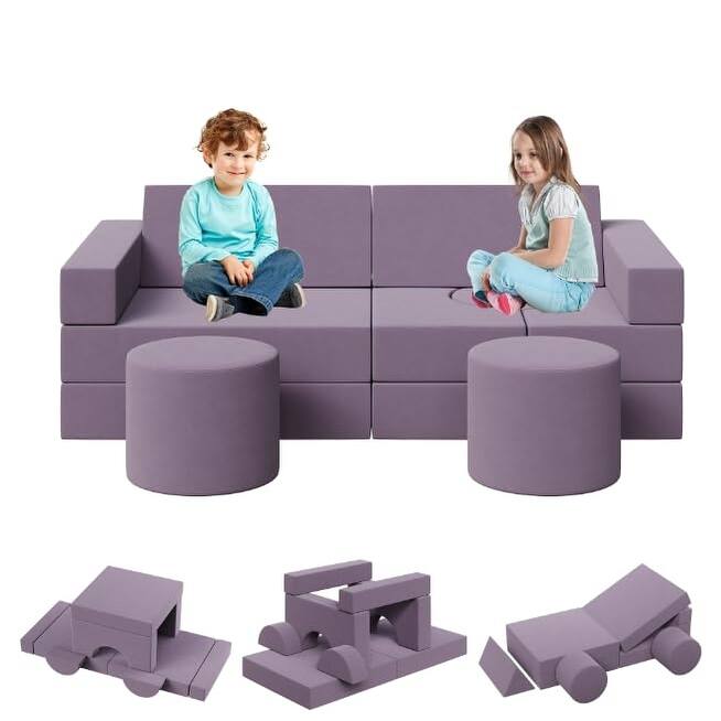 Kids Modular Play Couch, 13 Pcs Toddler Couch With Washable Velvet Covers, Building Fort Toddler Sofa Set - purple