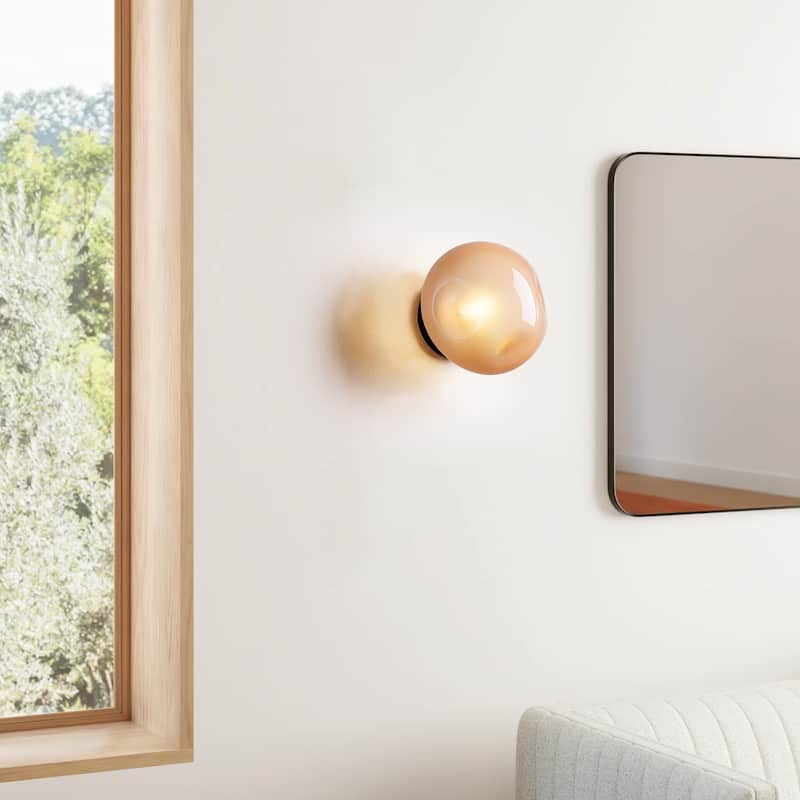 7.1" W Mid-Century Modern Matte Black Wall Sconce with Hand-Blown Smoked Gray/Pink Glass Shade for Bathroom, Staircase