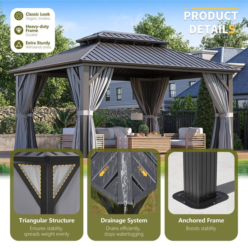 Outdoor Galvanized Steel Hardtop Gazebo with Curtain and Netting