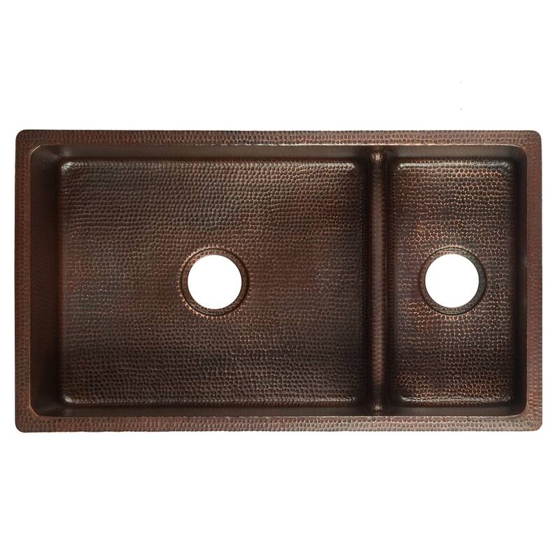 33-in Hammered Copper Kitchen 70/30 Double Basin Sink with Short 5-in Divider w/ Accessories (KSP3_K70DB33199-SD5)
