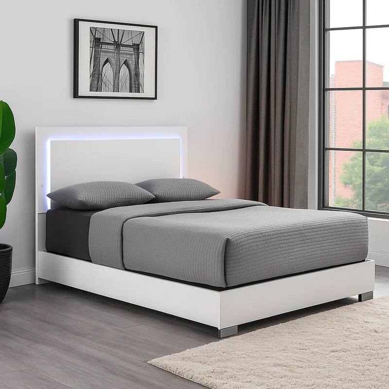 Suni Queen Size Bed w LED on Headboard, White Wood Frame, Chrome Legs