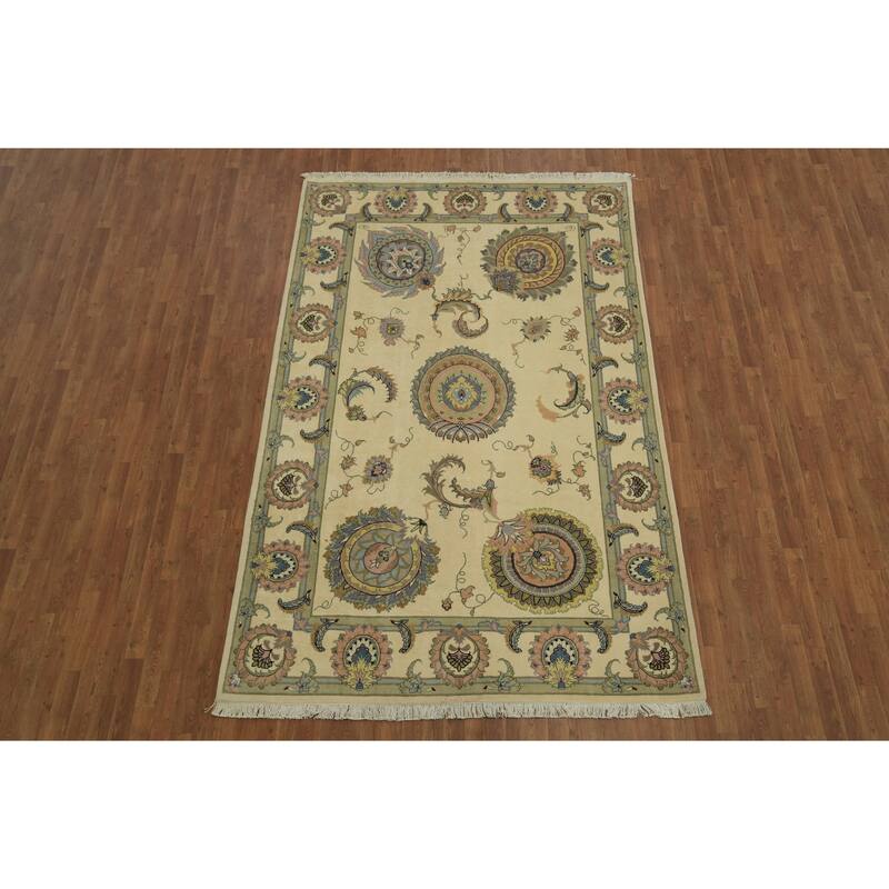 Hand Knotted Oriental Wool & Silk Carpet Traditional All-Over Beige & Ivories Tabriz Area Rug - 9' 11'' X 6' 6''