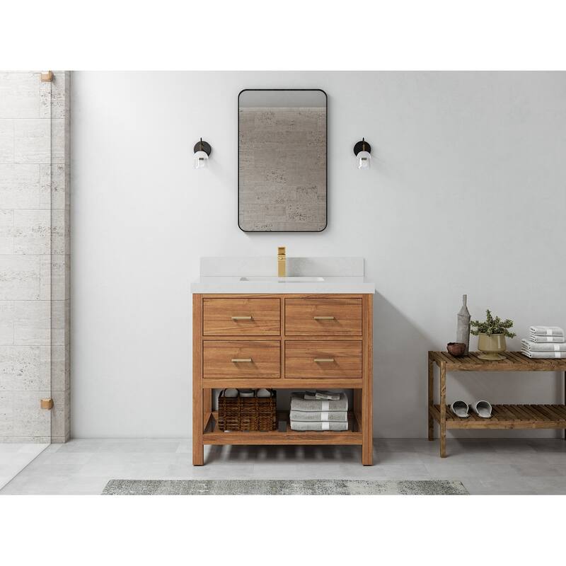 Willow Collections 36 in. W x 22 in. D Parker Solid Teak Wood Single Sink Bathroom Vanity with Quartz or Marble Countertop