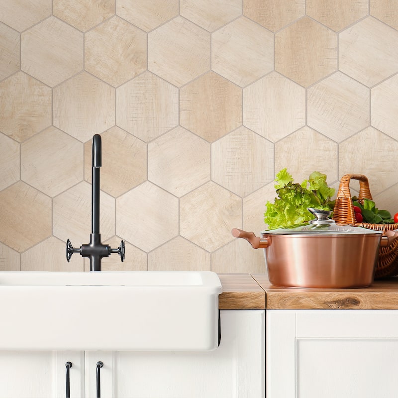Merola Tile Sawnwood Hex Beige 8-5/8" x 9-7/8" Porcelain Floor and Wall Tile