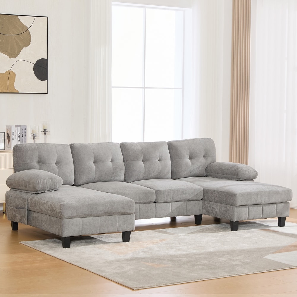 103.5" Chenille Fabric Couch U-Shaped Sectional Sofa with Dual Chaise Lounges, Storage Pockets and Armrest Pillows
