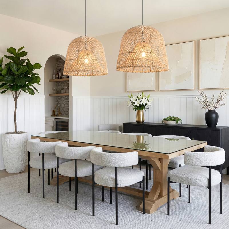 1-Light Coastal Retro Brown Rattan Hand-Woven Cloche Hanging Basket Pendant Light - 14.9" W x 59" H