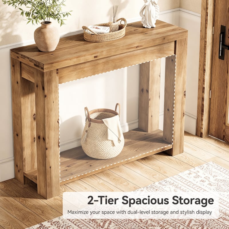 43.3" Solid Wood Console Table with 2-Tier Storage, Narrow Sofa Table