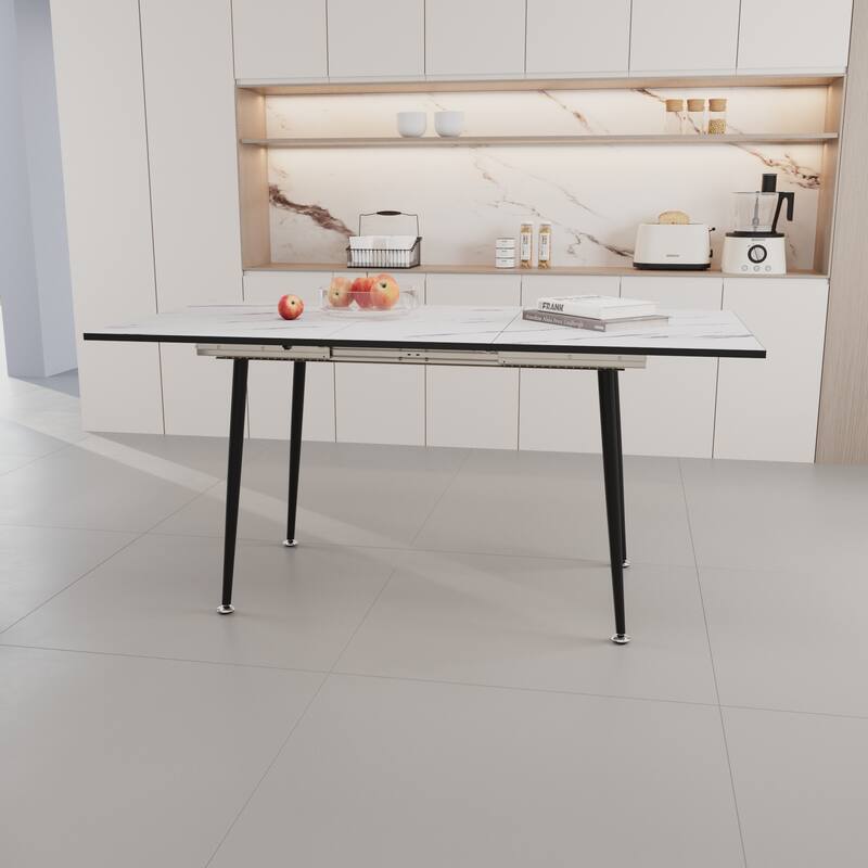 Square marble patterned dining table, modern industrial kitchen and dining table, equipped with tapered black metal legs - White
