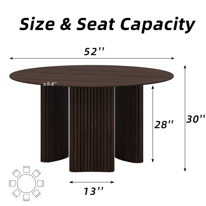 Modern Round Dining Table with Striped Column Legs Solid Wood Kitchen Table Anti-Scratch Footpads