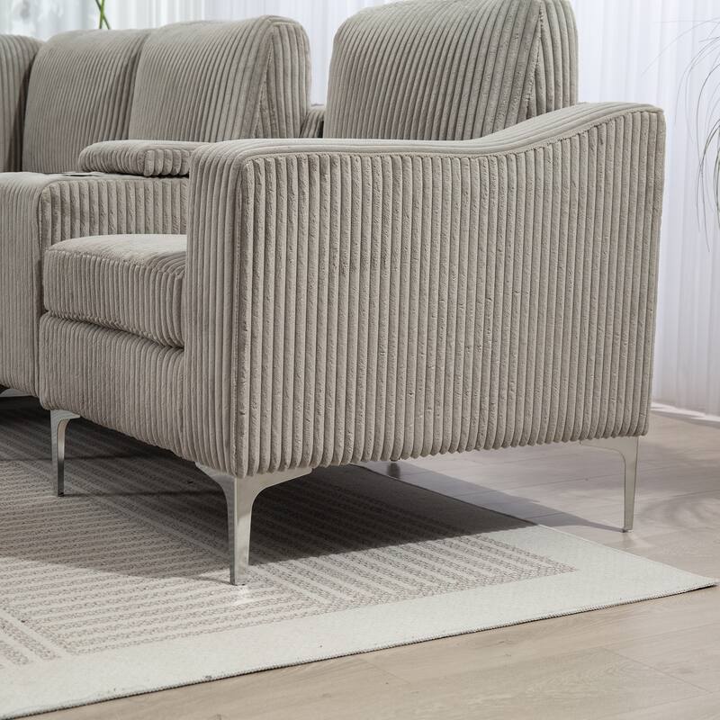 129.14" Corduroy 6-Piece Modular Sectional Sofa with Storage Ottoman, USB Charging and Cup Holders