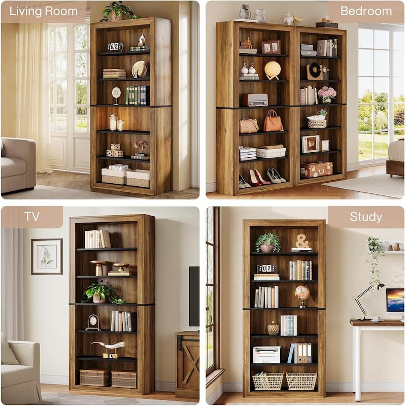 74.4'' Tall Wood Bookshelf 6-Tier Open Display Storage Shelves Floor Bookscase for Home(Set of 2)