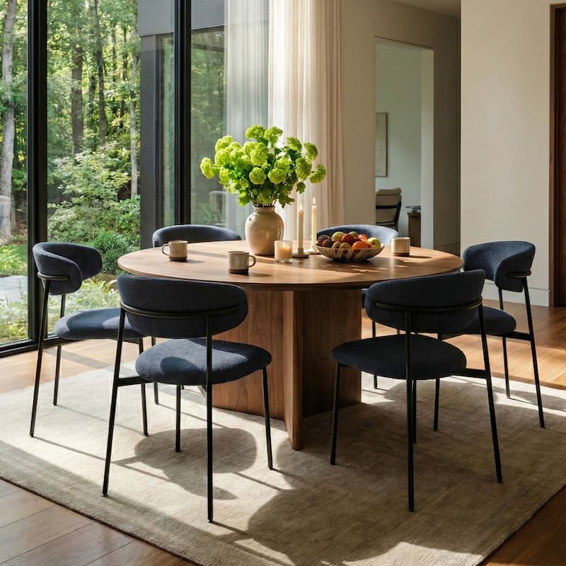 Modern Upholstered Dining Chairs with Curved Open Back and Black Metal Legs (Set of 6) - Blue