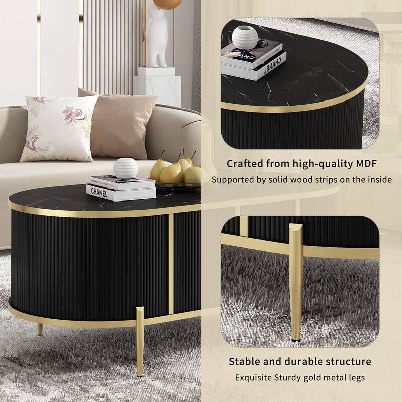 47.2" Modern Oval Coffee Table with Marble-patterned Top and 2 Cabinets