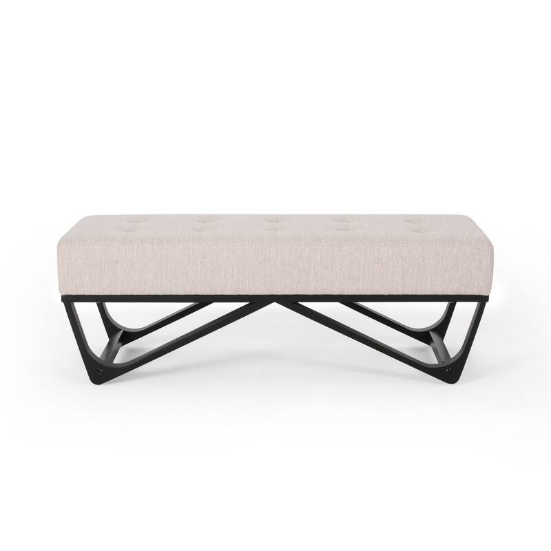 Liba Ottoman Bench, Button Tufted Beige Fabric, Black Frame, 47 Inch
