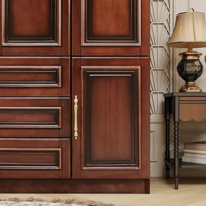 100% Solid Wood Armoire Wardrobe Closet with 4 Door, 70.87"H Armoire Closet Cabinet with 3 Drawers & 2 Hanging Rods for Bedroom