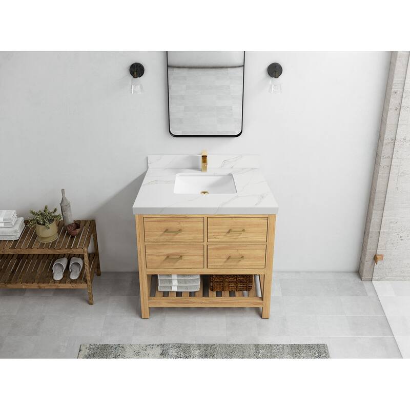 Willow Collections 36 in. W x 22 in. D Parker Solid Teak Wood Single Sink Bathroom Vanity with Quartz or Marble Countertop
